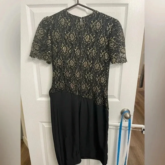 Vintage Unbranded Black Gold Lace Formal Party Dress 80s Prom 32 In Waist 8-10 - Picture 5 of 5